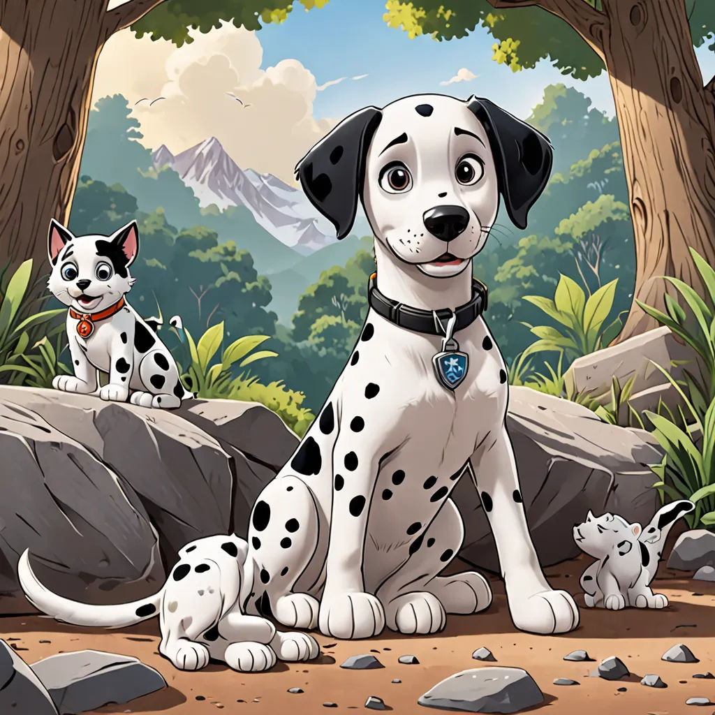 a dalmatian dog and a cat sitting on a rock in a forest with a mountain background and trees, furry art, poster art, Cliff Childs, official art