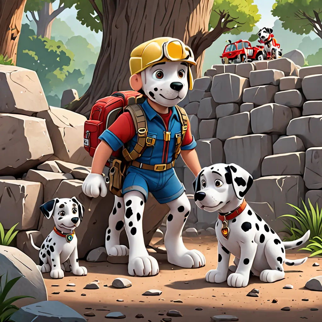 a man with a backpack and two dalmatian dogs in a rocky area with a rock wall and a dog carrying a backpack, sots art, concept art, Cliff Childs, key art