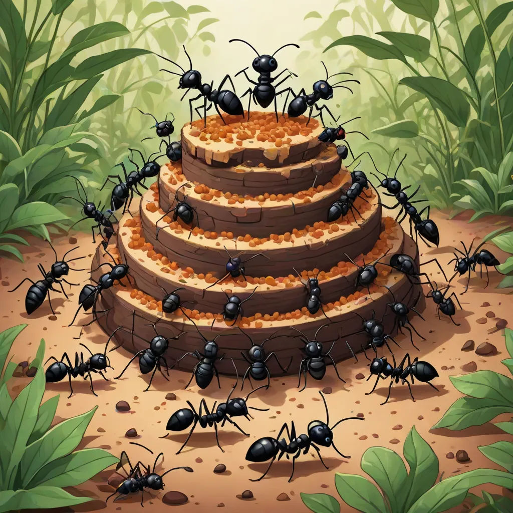 a group of ants standing around a cake in the dirt and grass with leaves around it and a background of green leaves, Andries Stock, ecological art, an illustration of, detailed illustration