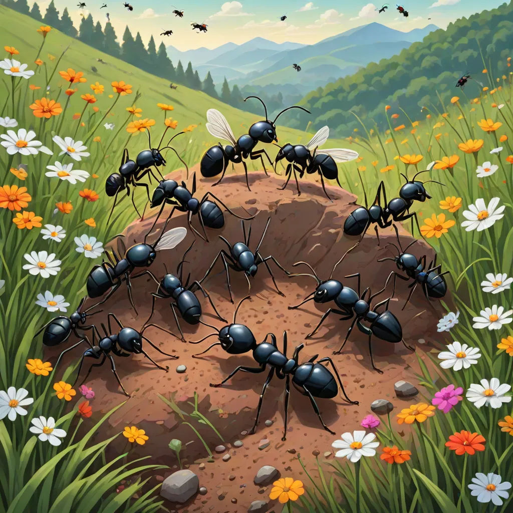 a group of ants standing on top of a dirt mound in a field of flowers and grass with bees flying around, Chris LaBrooy, ecological art, a storybook illustration, furaffinity