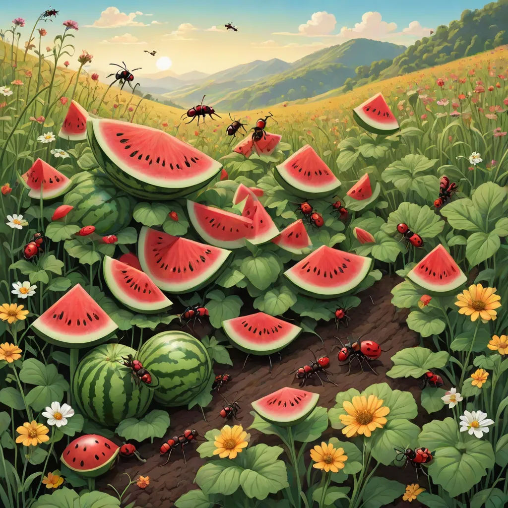 a painting of a field of watermelon and other fruit and vegetables with bugs and flowers in the background, Chris LaBrooy, pop surrealism, a detailed painting, highly detailed digital painting