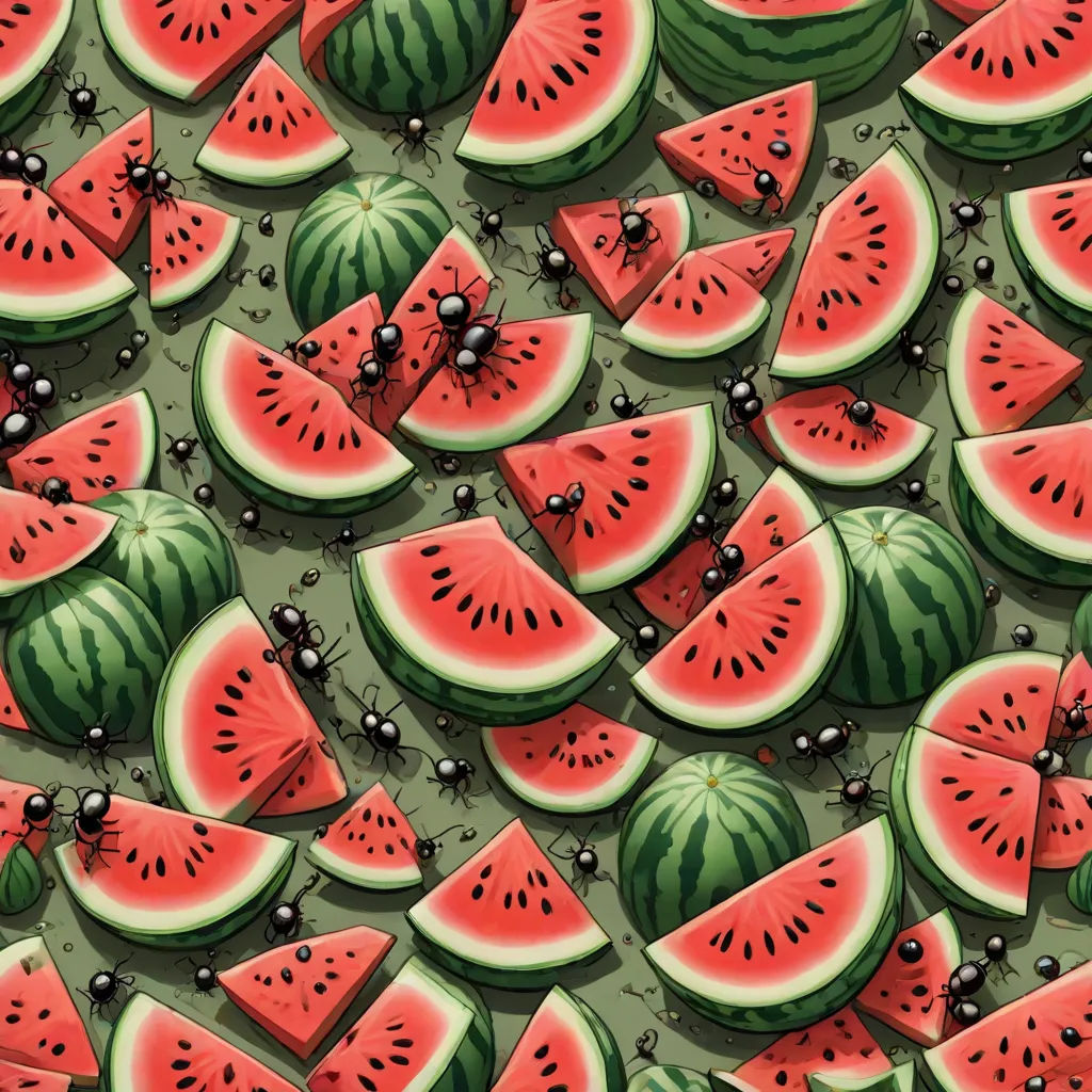 a bunch of watermelon slices and blackberries on a green background with a lady bug on them, Chris LaBrooy, psychedelic art, a detailed drawing, detailed illustration