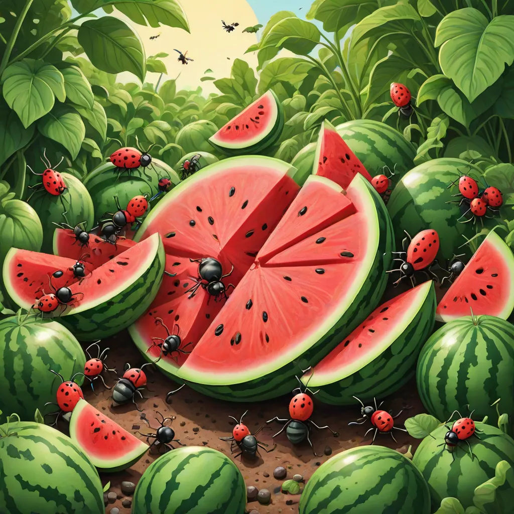 a painting of a group of watermelon slices and ladybugs on a field of leaves and plants, Chris LaBrooy, pop surrealism, a storybook illustration, highly detailed digital painting