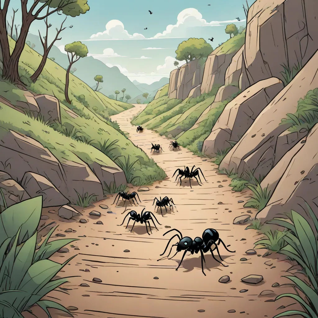 a group of antelopes walking down a dirt road in a forest area with a cliff in the background, Asaf Hanuka, furry art, a comic book panel, furaffinity