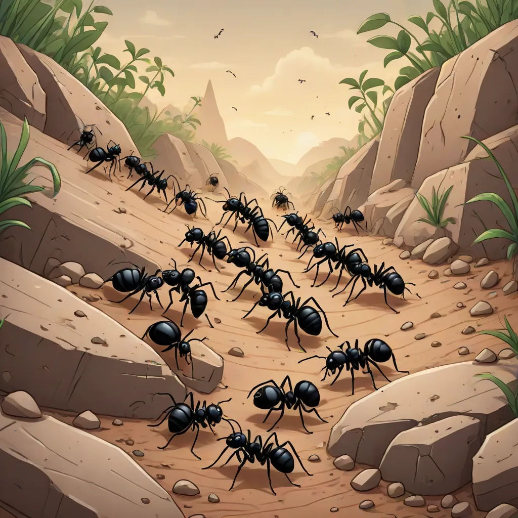 a group of ants walking across a dirt field next to rocks and grass on a sunny day with birds flying overhead, Andries Stock, antipodeans, a detailed matte painting, furaffinity