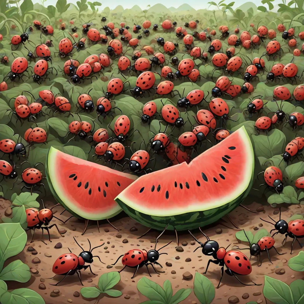 a group of ladybugs and a slice of watermelon on a field of leaves and grass, Chris LaBrooy, pop surrealism, a storybook illustration, detailed illustration