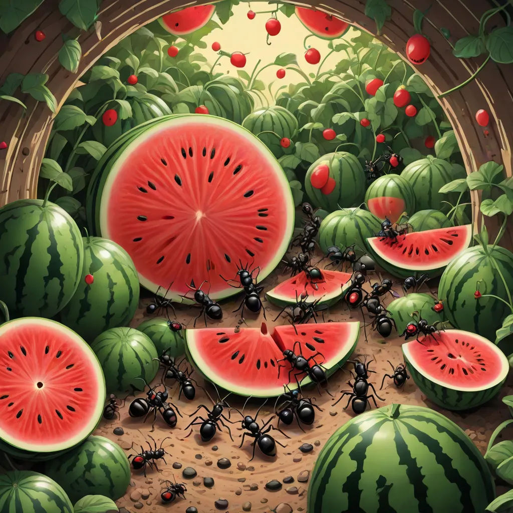 a painting of a bunch of watermelon slices and ants in a garden of watermelons and tomatoes, Chris LaBrooy, pop surrealism, a storybook illustration, highly detailed digital painting