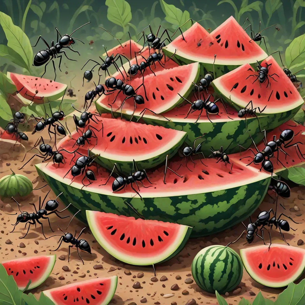a group of ants are eating a large pile of watermelon slices and slices of watermelon, Chris LaBrooy, pop surrealism, a detailed painting, detailed illustration