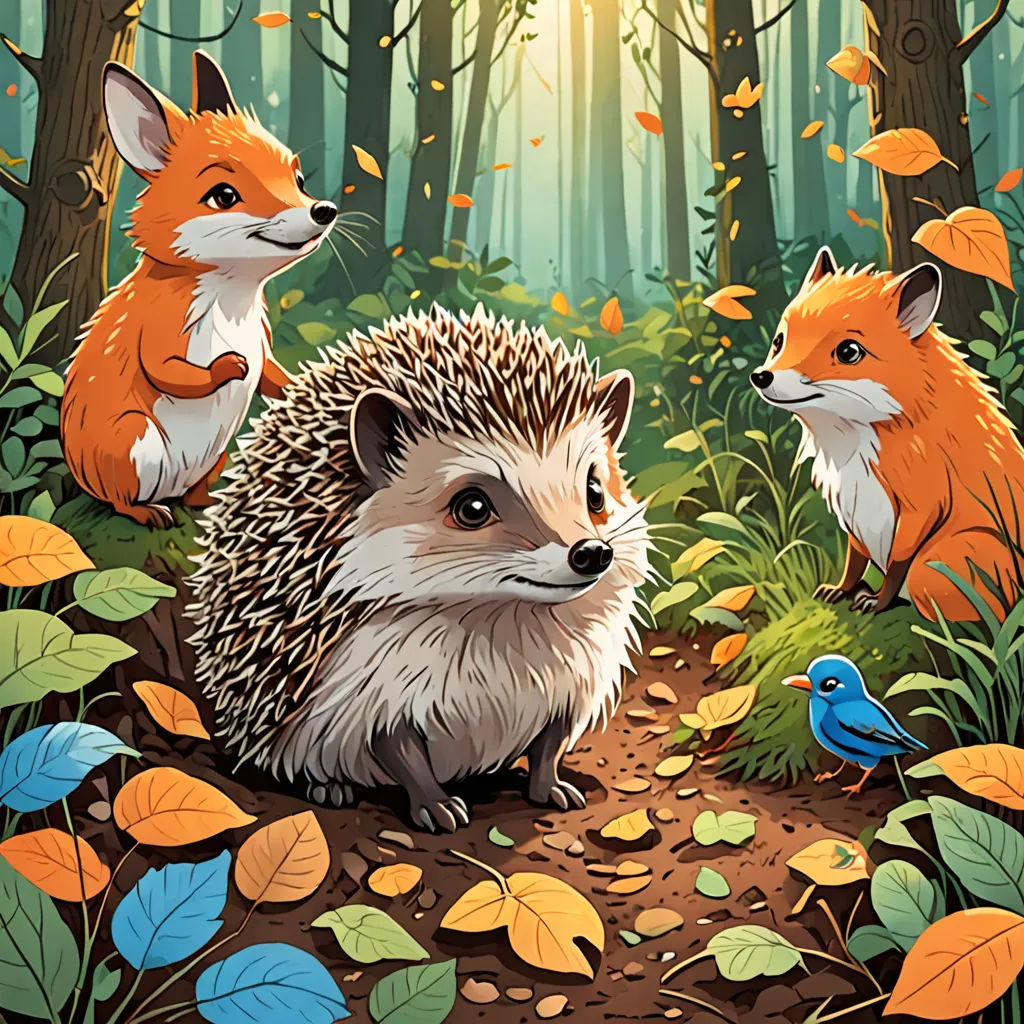 a painting of two hedgehogs and a bird in a forest with leaves and trees on the ground, furry art, a storybook illustration, Dan Mumford, official art