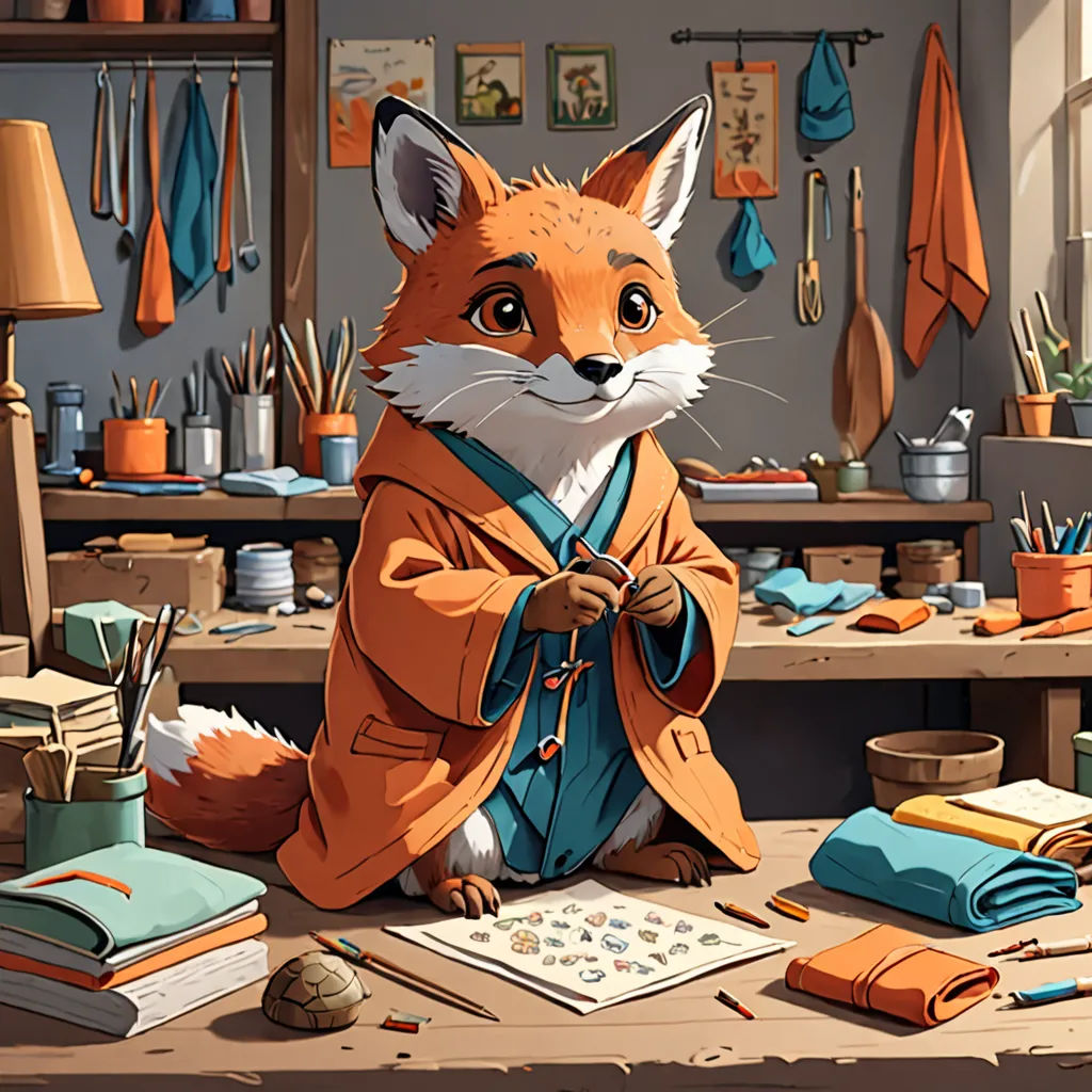 a fox sitting on a table surrounded by craft supplies and a lamp, with a painting of a fox in the background, furry art, a detailed painting, Aaron Jasinski, official art