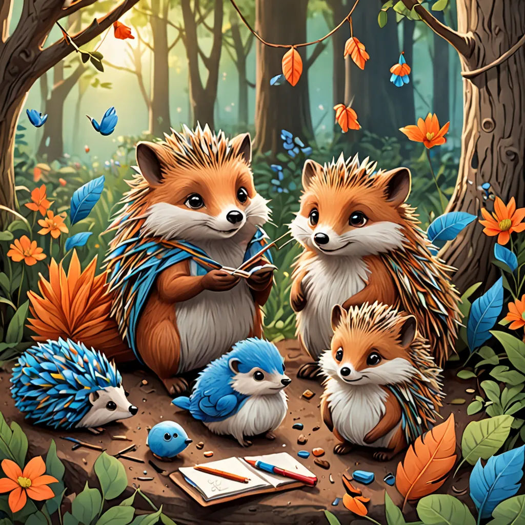 a painting of a group of animals in a forest with a book and a bird on the ground next to them, fantasy art, a detailed painting, Chris LaBrooy, trending on art station