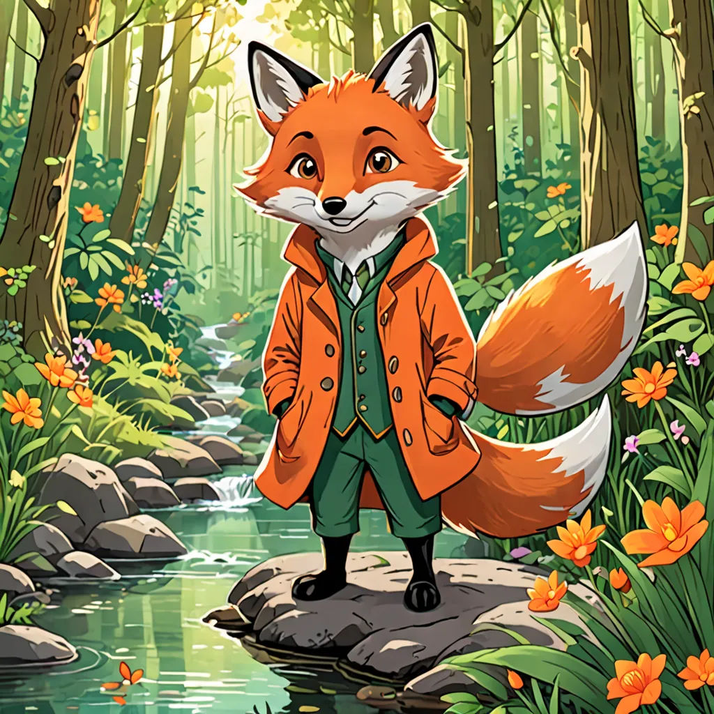 a fox in a suit and tie standing on a rock in a forest with flowers and a stream in the foreground, furry art, a character portrait, Cliff Childs, official art