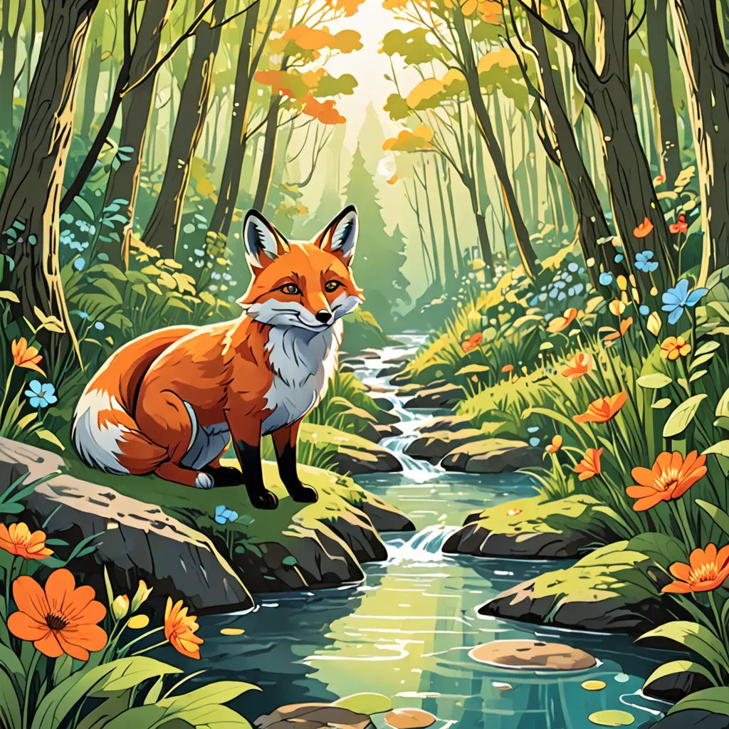 a painting of a fox sitting on a rock in a forest with flowers and a stream running through it, furry art, a storybook illustration, Dan Mumford, josan gonzales and dan mumford