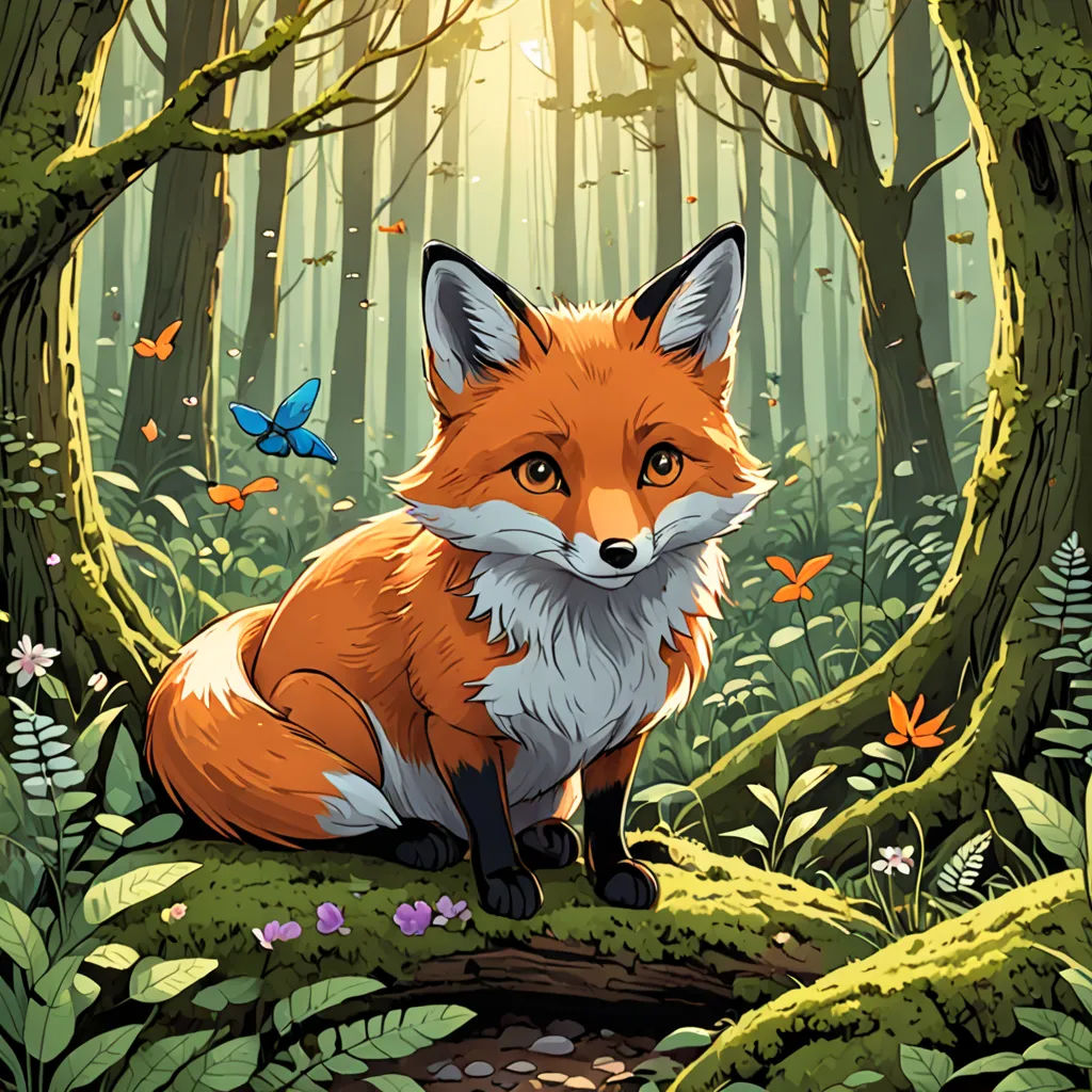 a fox sitting in the middle of a forest with butterflies flying around it and a butterfly flying above it, furry art, a storybook illustration, Dan Mumford, official art