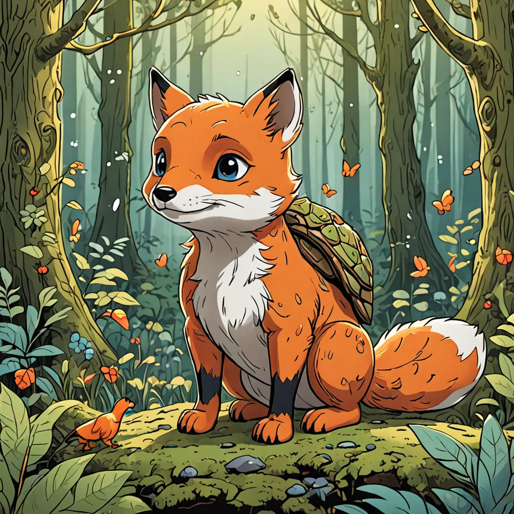 a fox with a backpack sitting in the woods with butterflies around it and a forest background with butterflies around it, sots art, a character portrait, Dan Mumford, official art