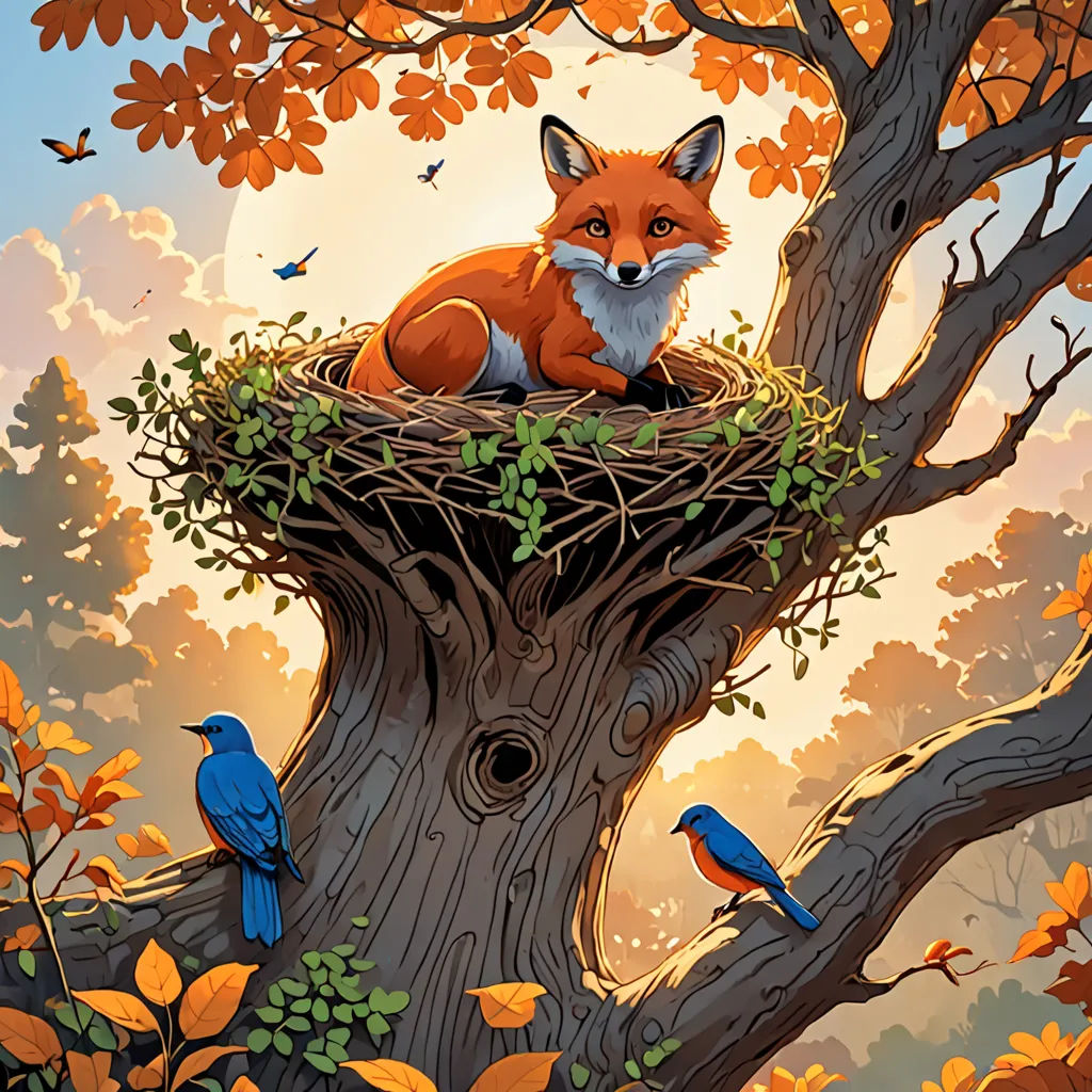 a painting of a fox sitting in a nest on a tree branch with birds around it and a bird's nest in the middle, fantasy art, a storybook illustration, Dan Mumford, josan gonzales and dan mumford