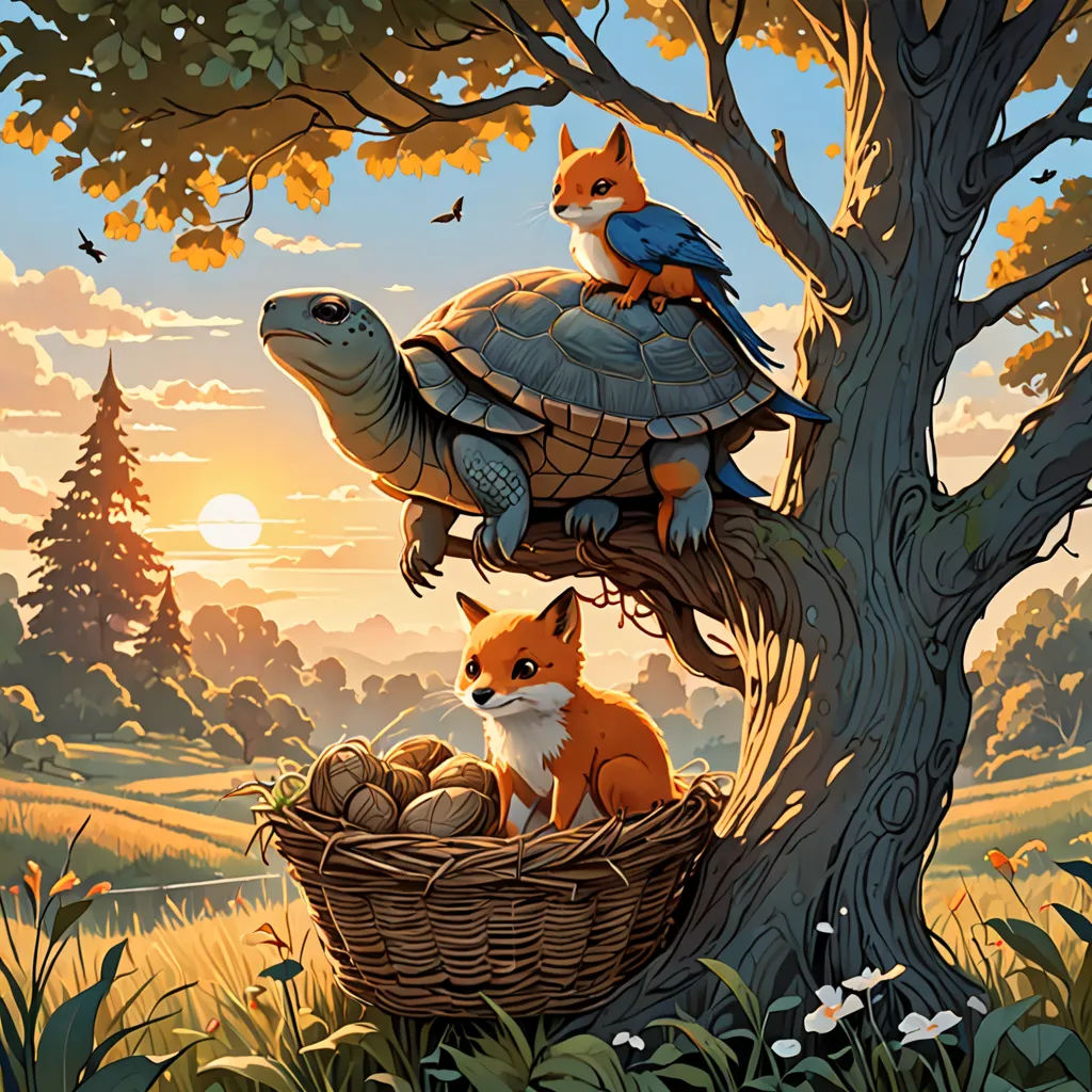 a painting of a fox and a turtle in a nest on a tree branch with a sunset in the background, fantasy art, a storybook illustration, Chris LaBrooy, highly detailed digital painting