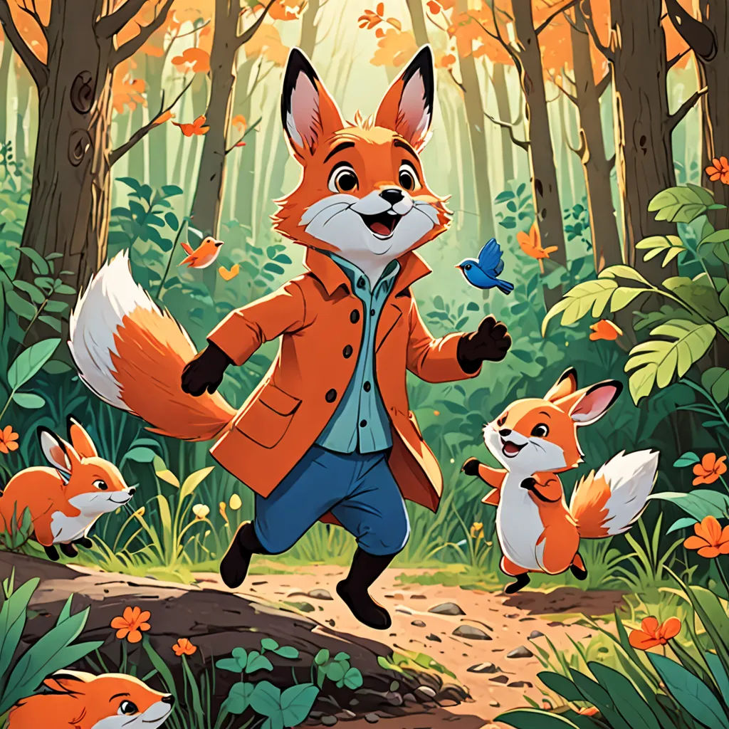 a fox in a suit and some other animals in a forest with leaves and flowers on the ground and a blue bird flying above, furry art, a storybook illustration, Cliff Childs, official art