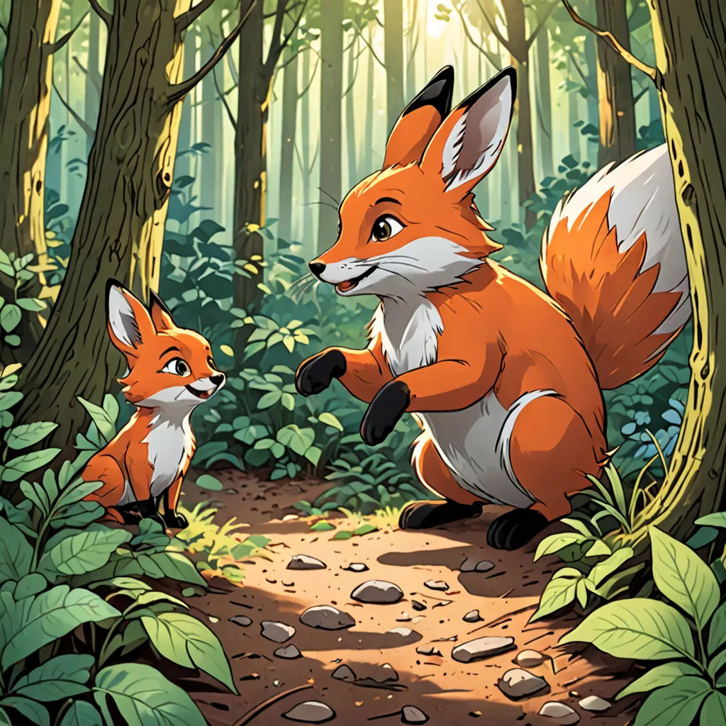 a fox and a fox cub in a forest with rocks and plants on the ground and a path leading to them, furry art, a storybook illustration, Brothers Hildebrandt, official art