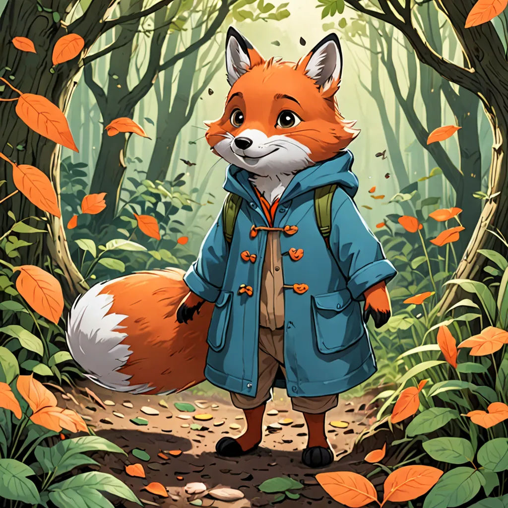 a fox in a blue jacket standing in a forest with leaves on the ground and a forest path with trees and leaves, furry art, a character portrait, Aaron Jasinski, official art