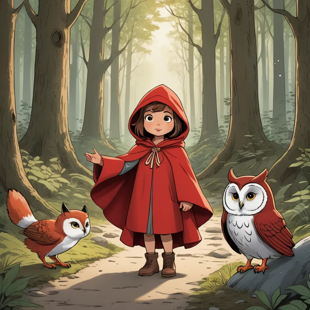 a little red riding on the back of an owl next to a little girl in a red cape and a red hood, fantasy art, a storybook illustration, Diego Gisbert Llorens, ghibli