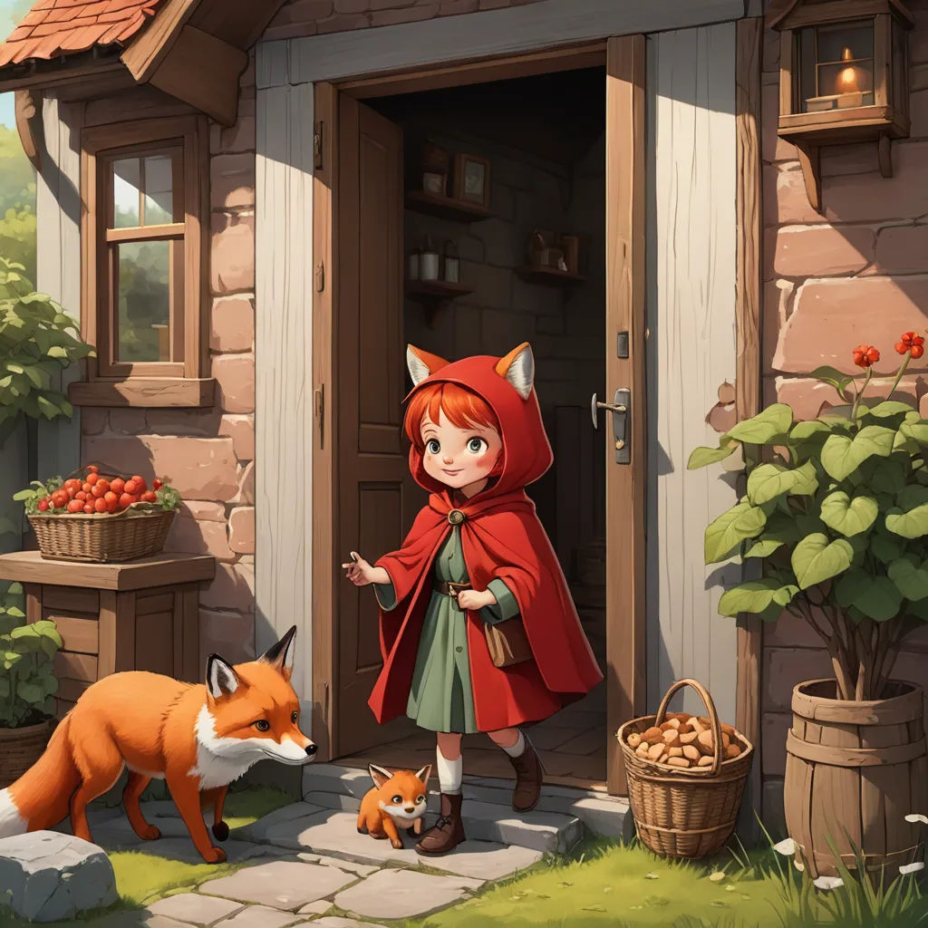 a little girl in a red cape standing outside of a house with a fox and a fox nearby on a sunny day, fantasy art, a storybook illustration, Cliff Childs, trending on art station