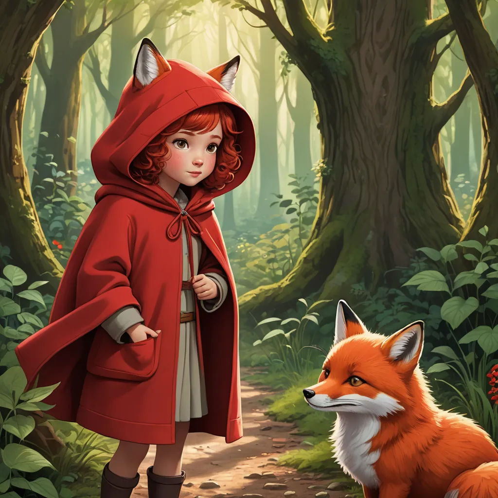 a little girl in a red coat and a fox in a forest with trees and flowers on the ground, fantasy art, a storybook illustration, Aaron Jasinski, storybook illustration