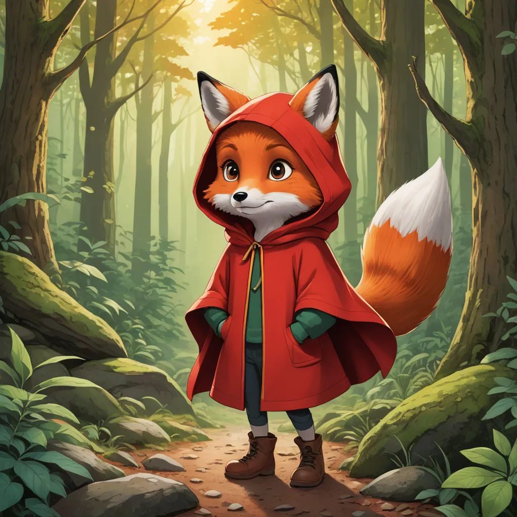 a cartoon fox in a red coat standing in a forest with a fox on his back and a red hood on, furry art, a storybook illustration, Cliff Childs, official art