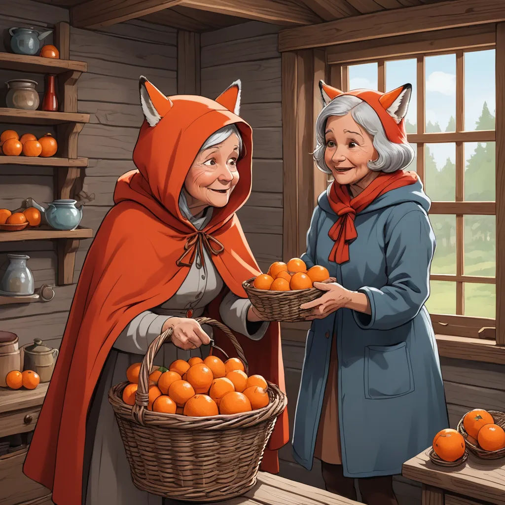 a woman holding a basket of oranges next to a woman in a red cape and a basket of oranges, furry art, a storybook illustration, Elsa Beskow, storybook illustration