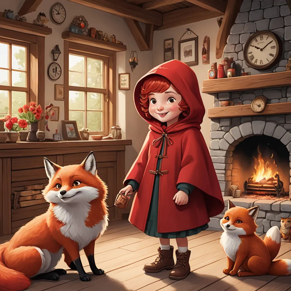 a little girl in a red cape standing next to a fox and a fireplace with a clock on the wall, fantasy art, a storybook illustration, Anne Said, storybook illustration