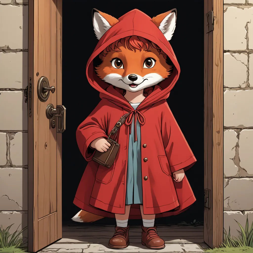a little girl in a red coat and a fox mask standing in a doorway with a handbag in her hand, furry art, a storybook illustration, Beatrix Potter, official art