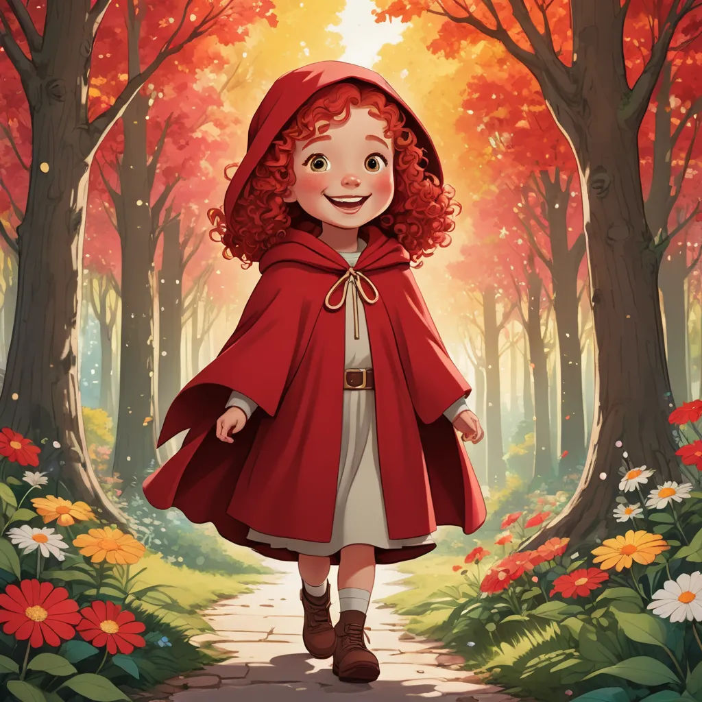 a little red riding in a red cape in a forest with flowers and trees around her, with a path leading to the forest, fantasy art, a storybook illustration, Cliff Childs, official art