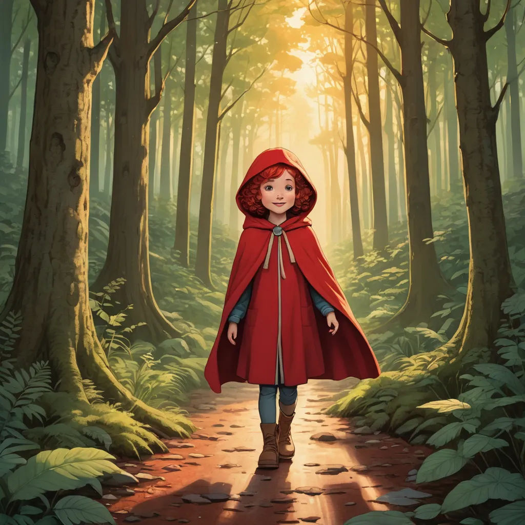 a little red riding a horse through a forest with a red cape on and a red hood on,, magical realism, a storybook illustration, Bob Ringwood, official art