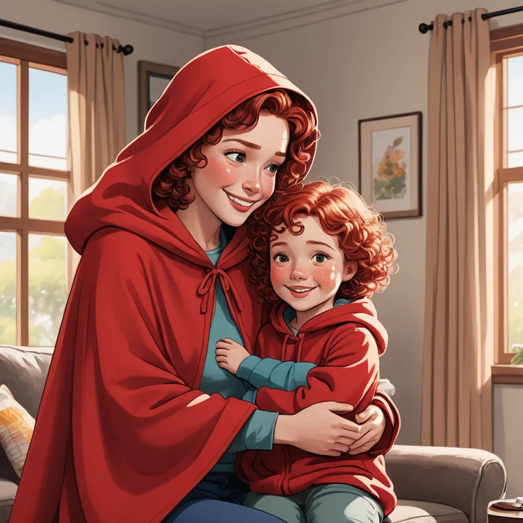 a woman and a child are sitting on a couch together, both wearing red robes and a red hoodie, serial art, a storybook illustration, Elizabeth Forbes, ultra realistic illustration