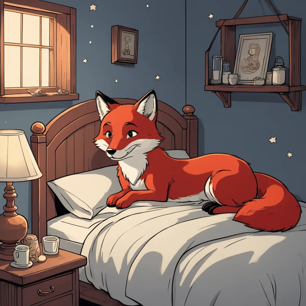 a red fox laying on a bed in a bedroom with a window and a night stand with a lamp, furry art, a storybook illustration, Cliff Childs, storybook illustration