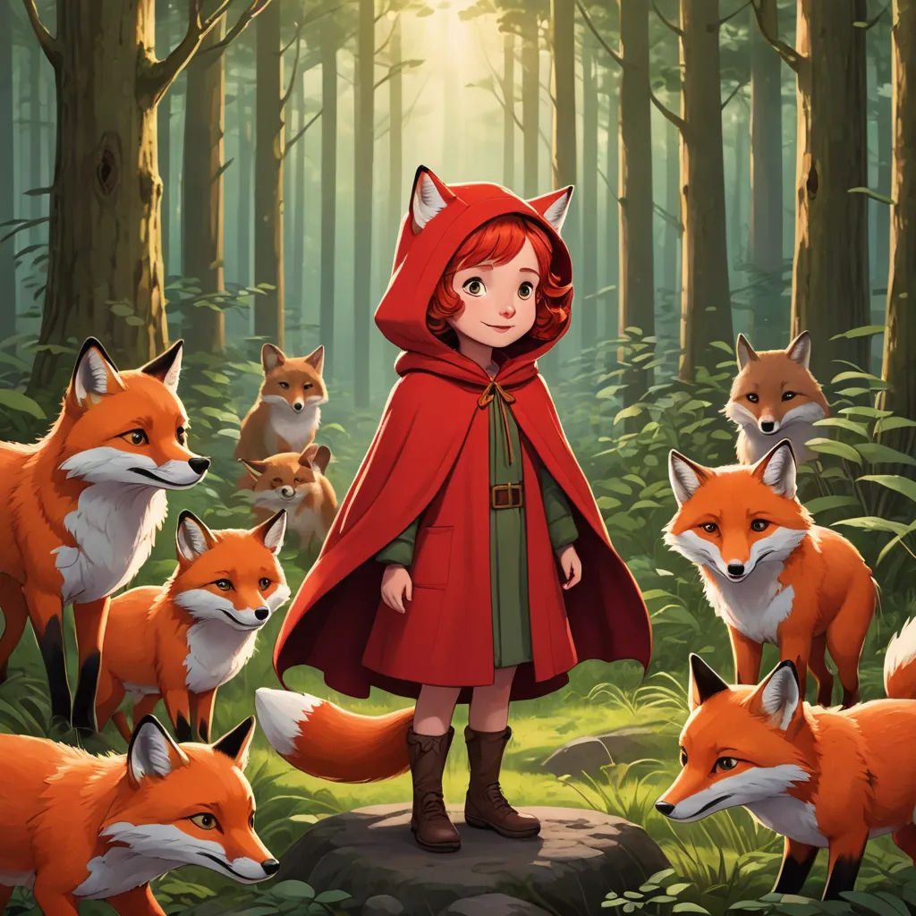 a little red riding a red fox in the woods with other foxes around her and a girl in a red cape, furry art, a storybook illustration, Diego Gisbert Llorens, official art