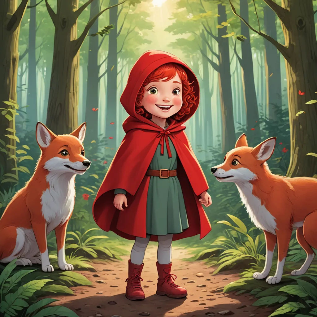 a little red riding hoodie standing next to two foxes in a forest with a girl in the background, furry art, a storybook illustration, Bob Ringwood, promotional image
