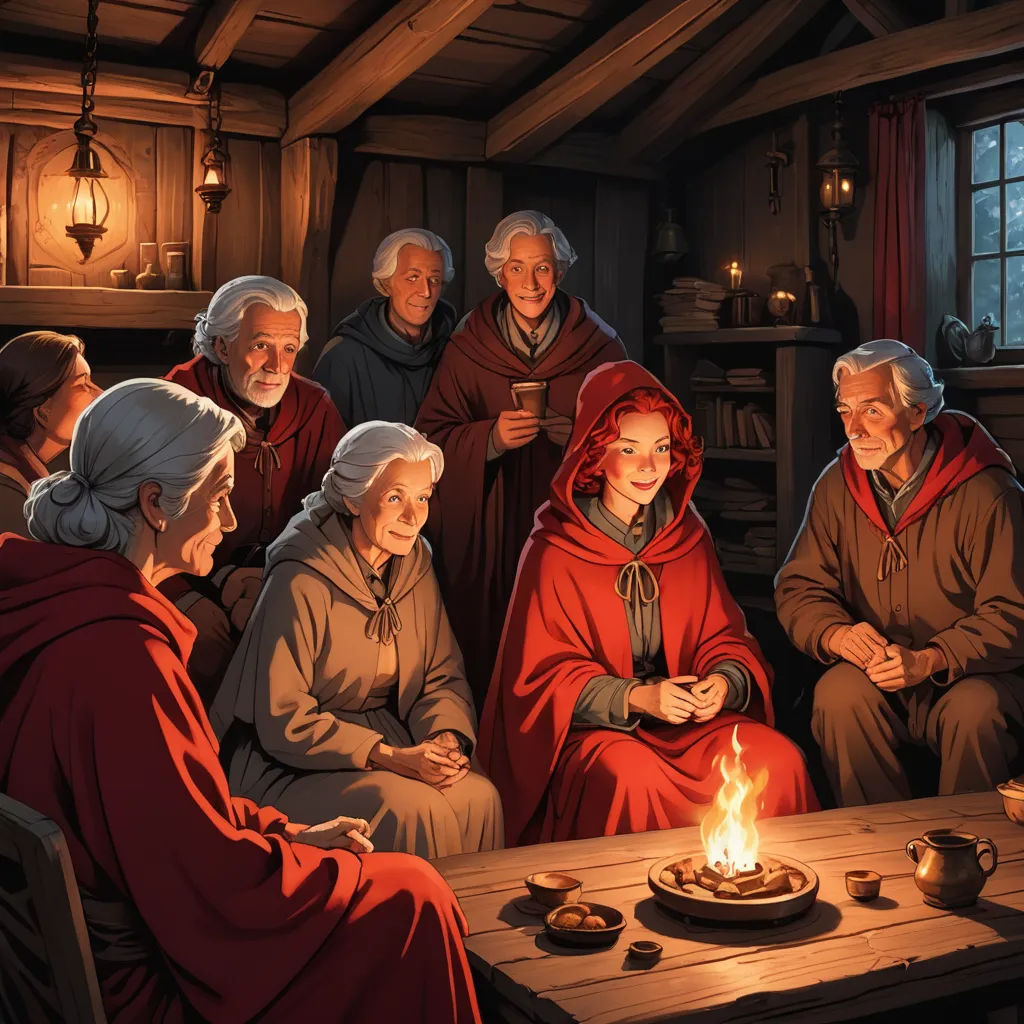 a painting of a group of people around a table with a lit candle in the middle of the table, fantasy art, a storybook illustration, Brothers Hildebrandt, storybook illustration