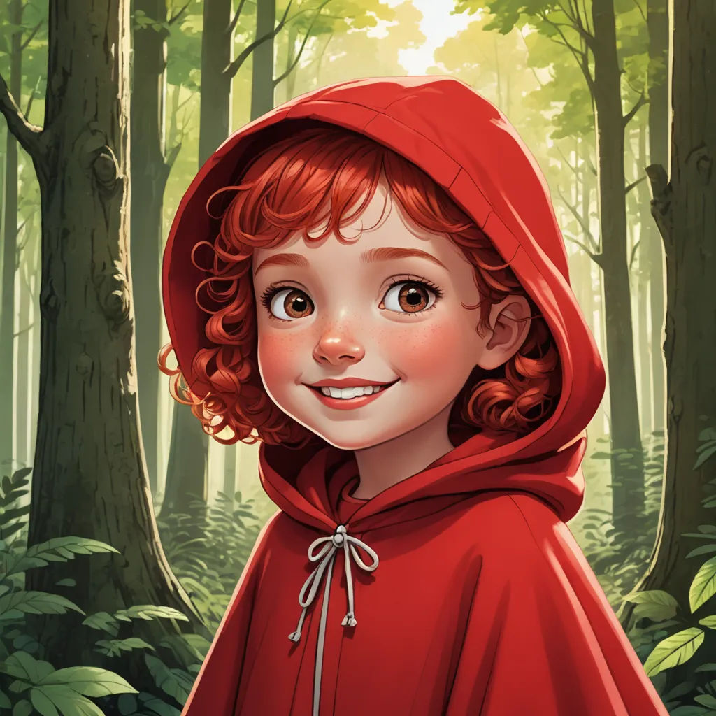 a painting of a little girl in a red hoodie in a forest with trees and bushes behind her, fantasy art, a storybook illustration, Charlie Bowater, trending on art station