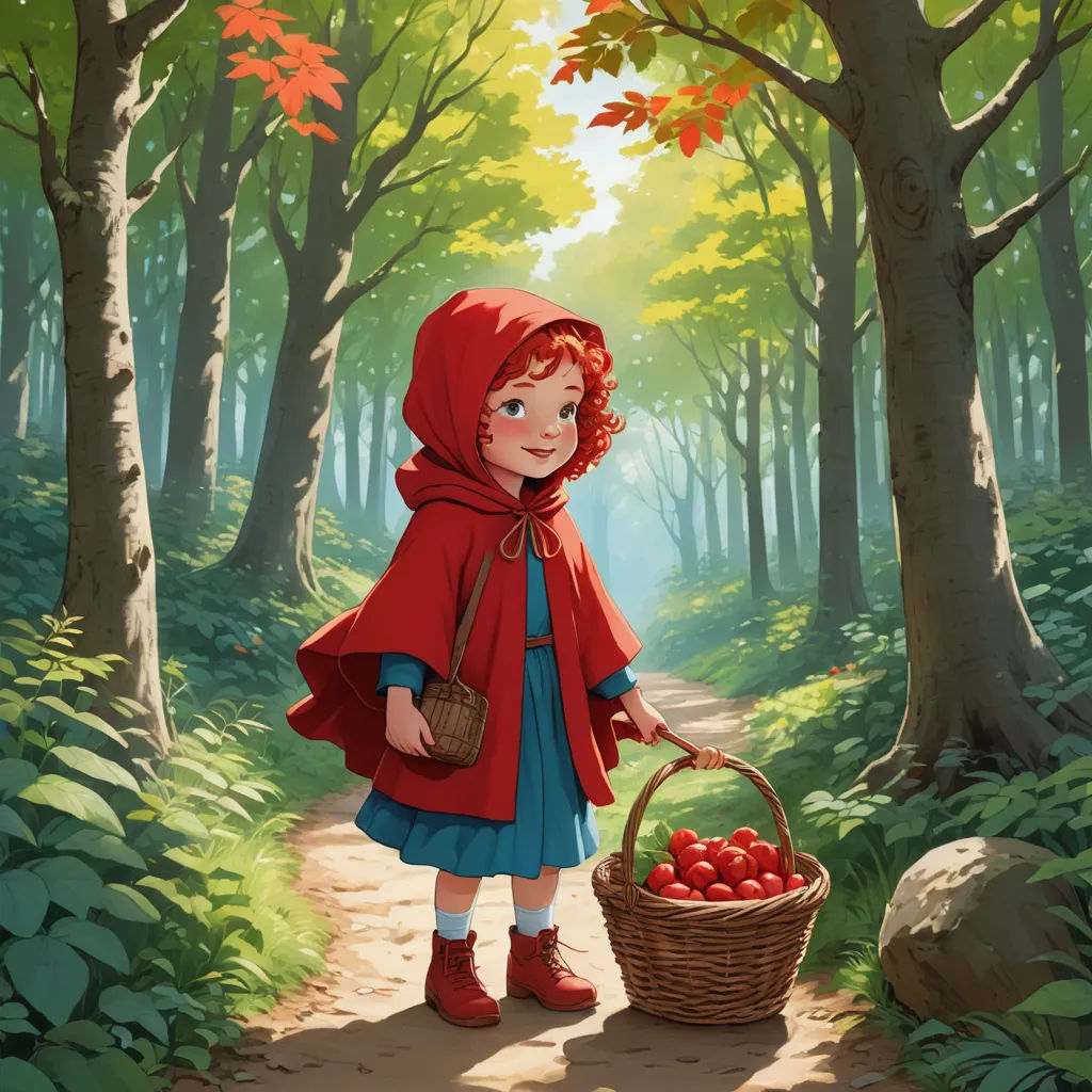 a little girl in a red cape is holding a basket of apples in a forest with trees and rocks, fantasy art, a storybook illustration, Brom, storybook illustration