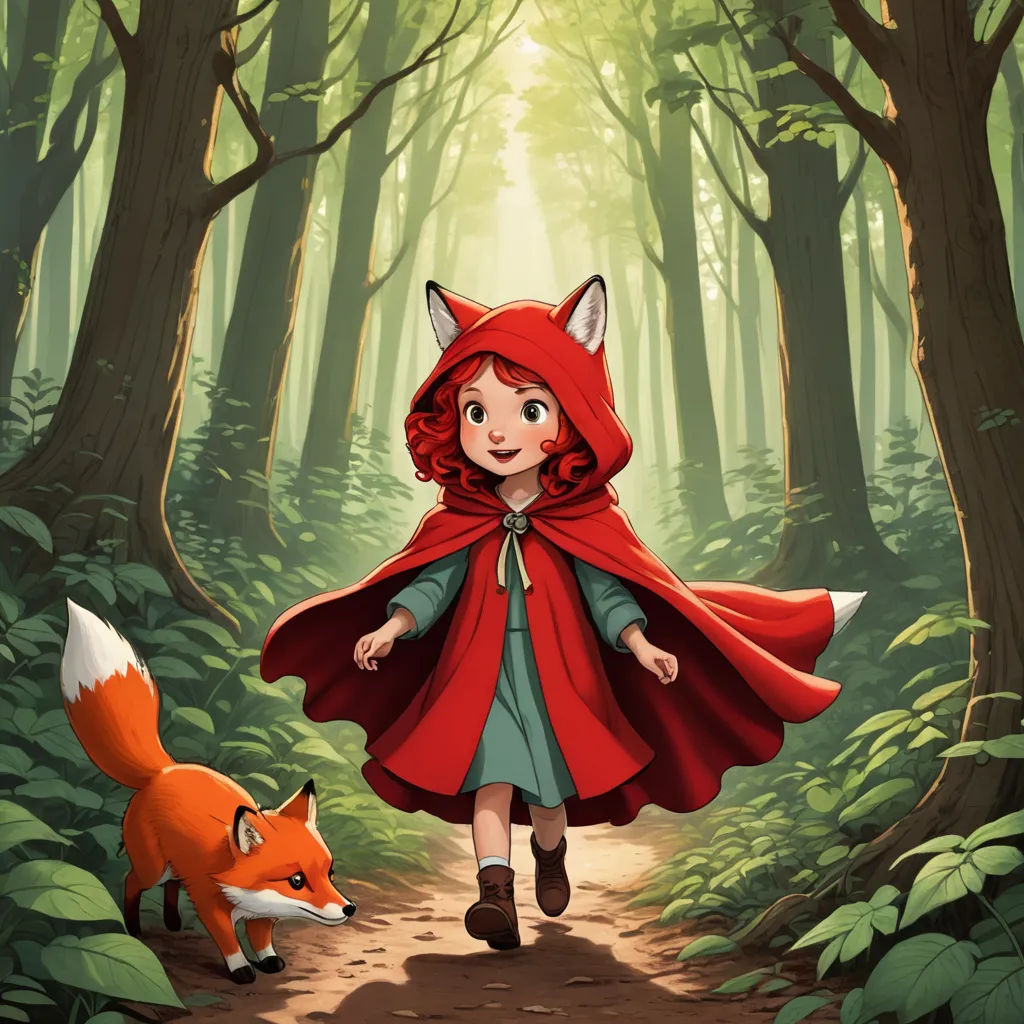 a little girl in a red cape walking through a forest with a fox on the side of the road, fantasy art, a storybook illustration, Cliff Childs, storybook illustration