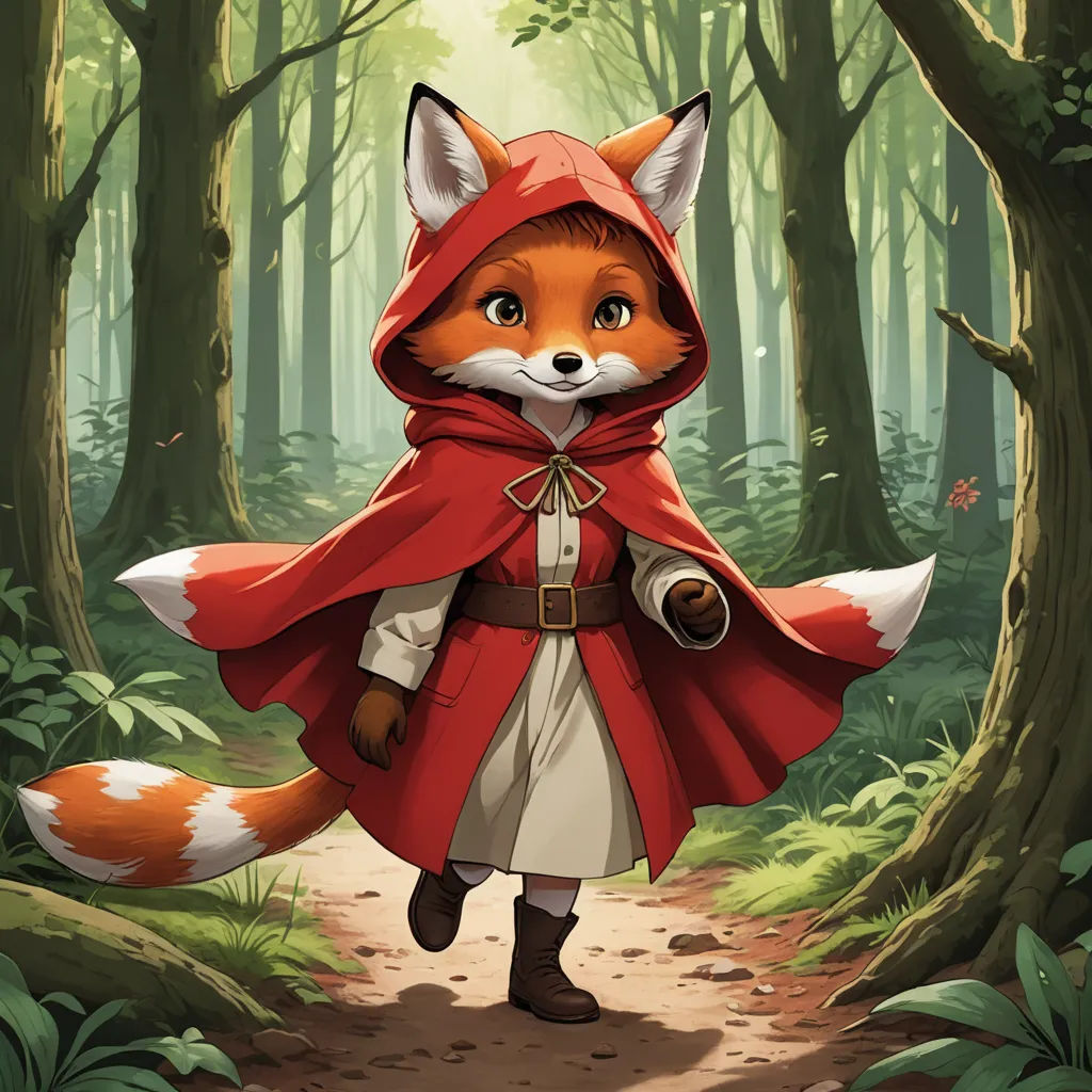 a red fox in a red cape is walking through a forest with a fox tail on its head and a red cape on its head, furry art, a storybook illustration, Aaron Jasinski, official art