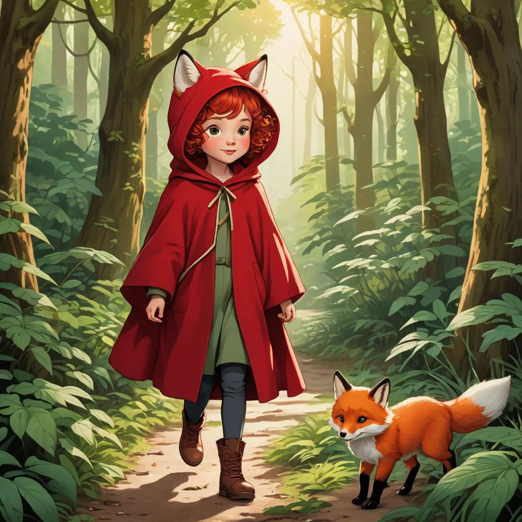 a little girl in a red cape and a fox in a forest with trees and bushes, walking towards the camera, furry art, a storybook illustration, Cliff Childs, official art