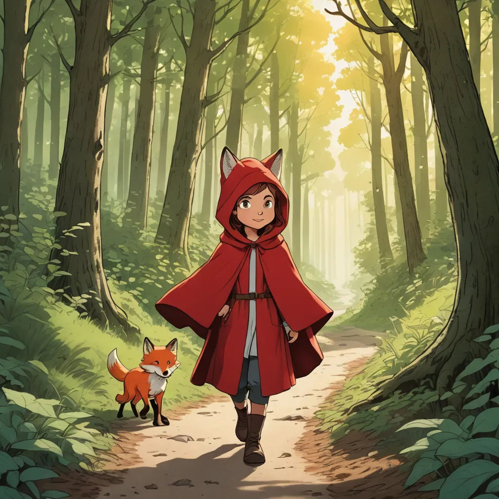 a little red riding a horse in a forest with a fox on the path behind him and a person in a red cape, furry art, concept art, Cliff Childs, official art