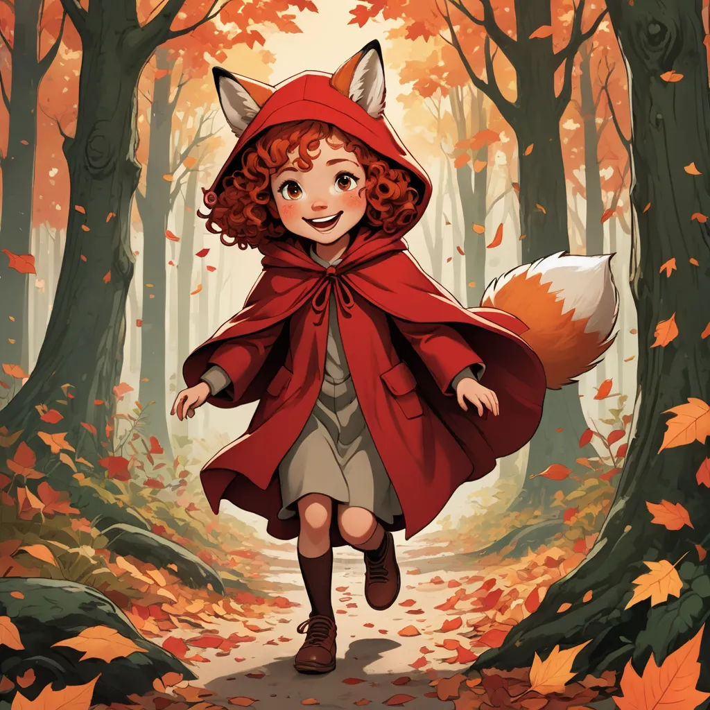 a little girl dressed as a fox in a forest with leaves on the ground and a fox on her back, furry art, a storybook illustration, Cliff Childs, official art