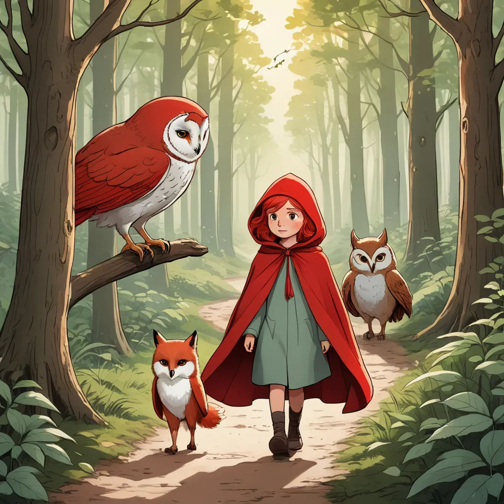 a little red riding on a tree branch with an owl and a fox behind her in a forest with trees, fantasy art, a storybook illustration, Cliff Childs, storybook illustration