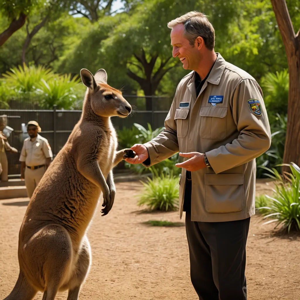 a man in uniform is petting a kangaroo in a zoo enclosure with other people in the background and trees and bushes, australian tonalism, a stock photo, Alan Sutherland, promotional image