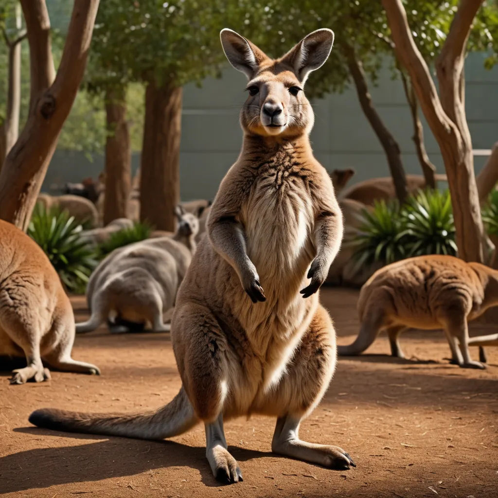 a kangaroo standing on its hind legs in a zoo enclosure with other kangaroos in the background and trees, australian tonalism, a stock photo, Elizabeth Durack, animal photography
