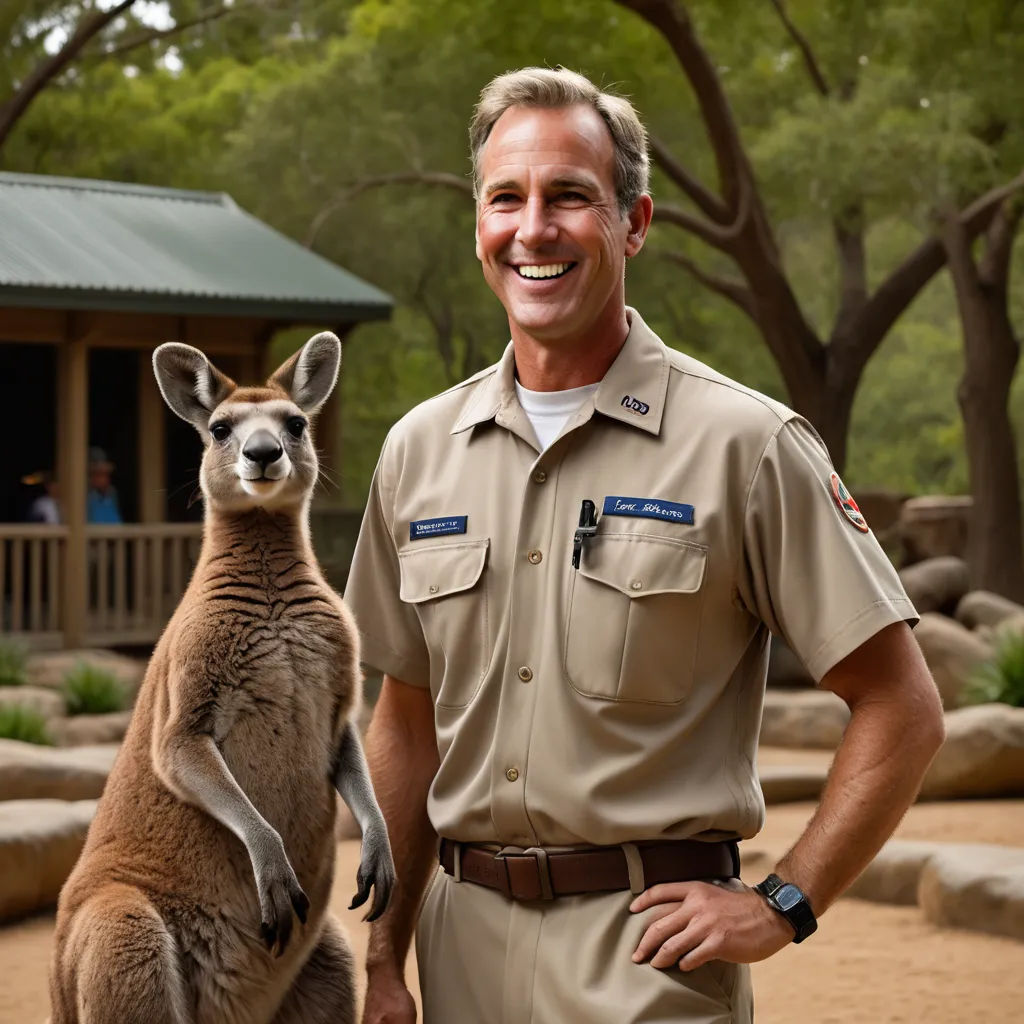 a man in uniform standing next to a kangaroo in a zoo enclosure with trees in the background and a building in the background, australian tonalism, a character portrait, Alan Sutherland, promotional image