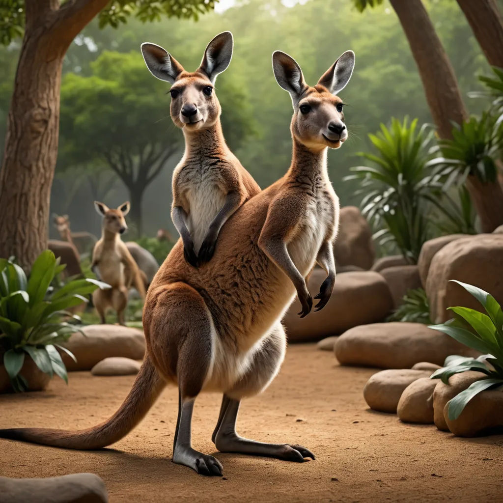 a couple of kangaroos standing on top of each other in a forest area with rocks and trees in the background, australian tonalism, a detailed matte painting, Chris LaBrooy, weta digital